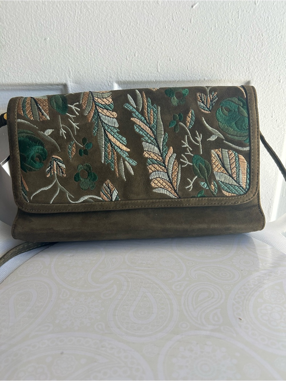 J. Renee Embroidered Floral Faux Suede Crossbody Clutch Purse Olive Green